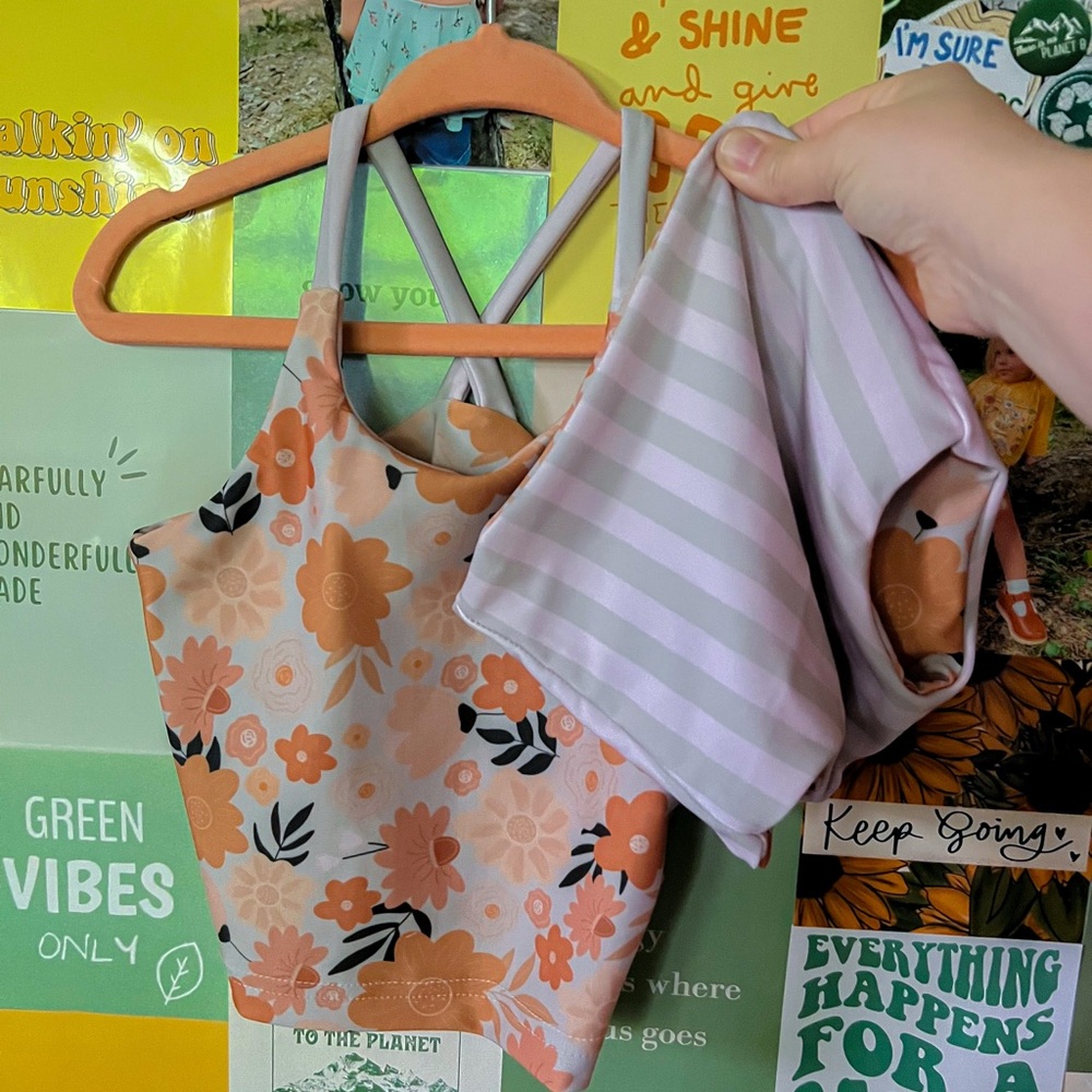 Floral and Striped Tank Swimsuit Set Reversible Bottoms Size 18/24m